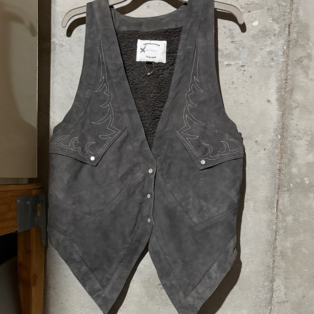 Understated Leather Gray Suede Western Vest with Embroidered Detail Large